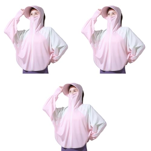 PALAY® Woman Sun Protection Hoodie Jacket Lightweight UPE50+ Sun Blocking Coat with Pocket Long Sleeve Shirt Hiking Outdoor with Face Mask, Pink 3 PCS PALAY® Woman Sun Protection Hoodie Jacket Lightweight UPE50+ Sun Blocking Coat with Pocket Long Sleeve Shirt Hiking Outdoor with Face Mask, Pink 3 PCS